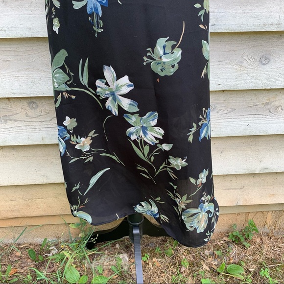 Vintage 90s Black Floral Print Elastic High Waist Sheer Ankle Length Midi Skirt - Picture 9 of 16